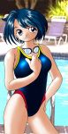  competition_swimsuit goggles green_hair one-piece_swimsuit pool poolside short_hair swimsuit 