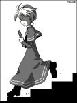  book boots character_name dress hat lowres monochrome pokemon pokemon_special short_hair simple_background solo spot_color stairs white_background yellow_(pokemon) yellow_eyes 