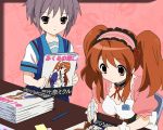  brown_eyes brown_hair jpeg_artifacts long_hair magazine nagato_yuki school_uniform short_hair signing silver_hair suzumiya_haruhi_no_yuuutsu twintails waitress 