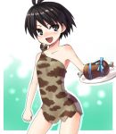  bare_shoulders black_hair blue_eyes boned_meat caveman cavewoman dress food idolmaster kikuchi_makoto meat plate smile tougyuu_yukio 