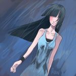  armband bare_shoulders black_hair blunt_bangs chien collarbone dress dutch_angle hair_over_eyes long_hair no_eyes rain signature smile tears wet wind wristband 