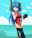  beach blue_hair broom glasses glove gloves kiari long_hair one-piece one-piece_swimsuit pipe red_eyes resizing_artifacts swimsuit thigh-highs thighhighs 