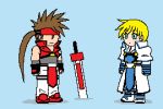  2boys animated animated_gif blonde_hair blue_eyes brown_hair chibi gif guilty_gear imitating ky_kiske lowres male multiple_boys musical_note sol_badguy sweatdrop sword tabard weapon 