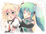  1girl blonde_hair blush closed_eyes crossed_arms detached_sleeves fading_borders green_hair hatsune_miku hikari_no kagamine_len long_hair looking_away payot poke poking short_hair smile translated translation_request tsundere twintails vocaloid 