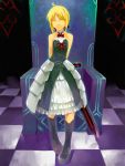  armored_dress bare_shoulders black_saber blonde_hair boots dark_excalibur dress fate/stay_night fate_(series) highres nfb-zmc saber saber_alter sleeveless solo sword weapon yellow_eyes 