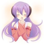  clenched_hands closed_eyes detached_sleeves flower hands_together hanyuu happy higanbana higurashi_no_naku_koro_ni horns japanese_clothes long_hair lowres miko purple_hair spider_lily 