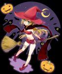  blonde_hair broom flat_chest green_eyes hat long_hair pumpkin scarf umetani_chigusa witch witch_hat yudetama 