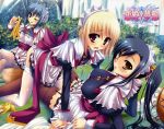  :p absurdres banana_peel black_hair blonde_hair blue_hair blush bow brown_eyes chouun embarrassed garter_belt grass hairband headband highres kan'u kanu katagiri_hinata koihime_musou koumei long_hair multiple_girls open_mouth outdoors purple_eyes red_eyes ribbon ribbons shokatsuryou short_hair tears thigh-highs thighhighs tongue twintails violet_eyes wink 