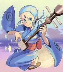  blue_hair bowieknife facial_mark forehead_mark guitar instrument japanese_clothes kimono moon oedo_rocket sandals smile sora_(oedo_rocket) 