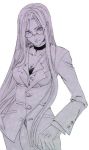  breasts business_suit choker cleavage fate/stay_night fate_(series) glasses lingerie long_hair monochrome rider simple_background smile solo underwear very_long_hair 