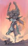  grin imp midna nintendo pointy_ears ponytail red_eyes red_hair simple_background sunset the_legend_of_zelda twilight_princess wolf wolf_link 