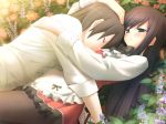  blush flower game_cg garden_(game) gayarou hug kantoku long_hair pantyhose ribbon ribbons short_hair skirt socks 