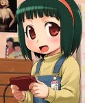  80&#039;s bob_cut famicom girls_playing_games green_hair hairband idolmaster marilyn_monroe oldschool otonashi_kotori overalls playing_games red_eyes short_hair smile video_game young 