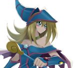  1girl bare_shoulders blonde_hair blush_stickers breasts choker cleavage dark_magician_girl duel_monster green_eyes hat long_hair love_(pspdspsp) pentacle solo staff star wand wizard_hat yu-gi-oh! yuu-gi-ou_duel_monsters 