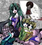  blonde_hair blood blue_eyes blue_hair bow brown_hair chako_(yuzuko819) child conjoined dark_woods_circus_(vocaloid) detached_sleeves flower gloves gothic gothic_lolita green_hair hatsune_miku kagamine_len kagamine_rin kaito kurai_mori_no_circus_(vocaloid) meiko morbid siblings smile stitches tattoo twins vocaloid young 