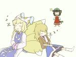  black_hair blonde_hair blush blush_stickers cat_ears cat_tail chen dress earrings fox_tail hat highres jewelry mizuhashi_parsee multiple_tails o_o peconica ribbon scarf short_hair sleeping socks surprise surprised tail tail_ribbon touhou yakumo_ran 