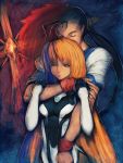  blue_eyes bodysuit cross elhaym_van_houten fei_fong_wong gloves hug hug_from_behind humio long_hair orange_hair pantyhose ponytail xenogears 