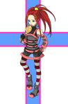  bike_shorts candy detached_sleeves earrings gloves green_eyes jewelry kinkan lollipop original ponytail red_hair redhead see-through striped striped_legwear striped_thighhighs swirl_lollipop thigh-highs thighhighs tongue 