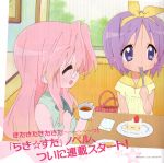  cake eating food hiiragi_tsukasa long_hair lucky_star pastry pink_hair purple_hair short_hair takara_miyuki tea 