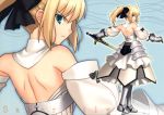  ahoge aqua_eyes armor armored_dress back bare_shoulders blonde_hair detached_sleeves dress fate/stay_night fate/unlimited_codes fate_(series) hair_ribbon highres higurashi_ryuuji looking_back ponytail ribbon saber saber_lily scan solo sword weapon 