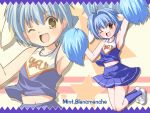  blue_hair character_name cheerleader galaxy_angel jump jumping mint_blancmanche navel pom_poms short_hair solo wink yellow_eyes zoom_layer 