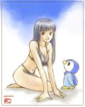  1girl adult akosan alternate_hairstyle barefoot bikini bird black_eyes black_hair hikari_(pokemon) kneeling long_hair lowres penguin piplup pokemon pokemon_(creature) swimsuit 