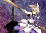  1girl :o belt bracelet east_asian_architecture gradient gradient_background headphones jewelry light_brown_eyes light_brown_hair light_trail looking_at_viewer okapia outstretched_arms ribbon ritual_baton sheath sheathed short_hair skirt sleeveless sleeveless_shirt solo spread_arms sword touhou toyosatomimi_no_miko vambraces weapon 