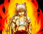  angry asana fire fujiwara_no_mokou hand_in_pocket looking_up makoto_(pixiv) makoto_jon open_clothes open_mouth open_shirt red_eyes ribbon ribbons sarashi shirt silver_hair solo touhou 