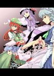  blue_hair china_dress chinadress chinese_clothes colored hat highres hong_meiling izayoi_sakuya long_hair maid patchouli_knowledge purple_hair red_hair redhead remilia_scarlet ribbon ribbons short_hair silver_hair touhou wings 