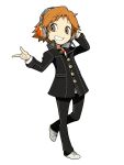  1boy brown_eyes brown_hair grin hanamura_yousuke headphones highres houndstooth official_art persona persona_4 persona_q2:_new_cinema_labyrinth persona_q_(series) pointing shoes smile sneakers solo yasogami_school_uniform 