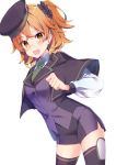  1girl :d ameshizuku_natsuki bangs beret black_scrunchie blush breasts brown_capelet brown_eyes brown_hair brown_hat collared_shirt commentary_request eyebrows_visible_through_hair fang fate/grand_order fate_(series) fujimaru_ritsuka_(female) glasses green_neckwear hair_between_eyes hair_ornament hair_scrunchie hat jacket long_sleeves looking_at_viewer necktie open_mouth puffy_long_sleeves puffy_sleeves purple_jacket purple_legwear purple_skirt scrunchie shirt simple_background skirt small_breasts smile solo thigh-highs tilted_headwear white_background white_shirt 