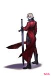  boots coat dante_(devil_may_cry) devil_may_cry devil_may_cry_2 gloves hallot highres holding holding_sword holding_weapon medium_hair red_coat shaded_face signature simple_background standing sword weapon white_background white_hair 