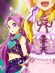  2girls :d aikatsu! aikatsu!_(series) bare_shoulders blonde_hair close-up commentary_request crescent_moon crop_top dress earrings faceless gloves hair_ornament head_out_of_frame heart highres hoshimiya_ichigo idol jewelry kanzaki_mizuki long_hair looking_at_another makeup midriff moon multiple_girls open_mouth purple_hair sidelocks sleeveless smile stage stage_lights tiara uogashi_sorato upper_body violet_eyes waving 