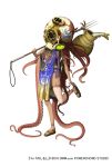  1girl armlet dark_skin fish flat_chest full_body jug looking_at_viewer monster_girl official_art over_shoulder pitchfork rope sandals scylla simple_background solo standing tentacle tentacle_hair white_background yuba_no_shirushi zenmaibook 