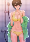  1girl bathrobe bikini breasts brown_hair cleavage commentary_request cowboy_shot green_robe large_breasts open_mouth original short_hair shoukaki_(earthean) shower_(place) shower_head swimsuit tan tanline tile_wall tiles violet_eyes yellow_bikini 