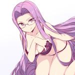  1girl arm_at_side bangs bra breasts chan_co cleavage collarbone dutch_angle fate/grand_order fate_(series) glasses hand_in_bra large_breasts long_hair navel panties parted_bangs purple_bra purple_hair purple_panties rider sidelocks simple_background sitting smile solo underwear underwear_only very_long_hair violet_eyes wariza 