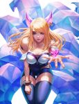  1girl absurdres ahri animal_ears bangs blonde_hair bracelet facial_mark fox_ears fox_girl fox_tail heart highres jewelry k/da_(league_of_legends) league_of_legends leaning_forward long_hair looking_at_viewer multiple_tails outstretched_hand pu_reum_lee sidelocks simple_background solo tail thigh-highs thigh_gap white_background yellow_eyes zettai_ryouiki 