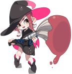  1girl agent_8 black_dress black_footwear black_hat brown_eyes commentary dress english_commentary fangs foreshortening full_body hat head_tilt holding holding_weapon inkbrush_(splatoon) light_blush long_sleeves looking_at_viewer maco_spl medium_dress medium_hair octoling open_mouth paint_splatter pointy_ears pointy_shoes redhead shoes simple_background smile solo splatoon splatoon_(series) splatoon_2 standing suction_cups tentacle_hair weapon witch_costume witch_hat 
