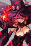  1girl bare_shoulders black_sclera blazblue breasts cleavage detached_sleeves fire flame grey_background hand_up hankuri hat hat_over_one_eye konoe_a_mercury large_breasts long_hair looking_at_viewer pink_hair simple_background smile solo wide_sleeves witch_hat yellow_eyes 