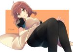  1girl ahoge black_legwear brown_eyes brown_hair dress drill_hair hairband highres kantai_collection looking_at_viewer low_twintails orange_background panties panties_under_pantyhose pantyhose red_hairband shiratsuyu_(kantai_collection) short_hair solo thighband_pantyhose tongue tongue_out twin_drills twintails two-tone_background underwear white_background white_dress white_panties yukichi_(eikichi) 