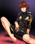  1girl barefoot brown_eyes brown_hair commentary covered_nipples english_commentary feet feguimel highres hyuuga_(kantai_collection) kantai_collection latex_bodysuit looking_at_viewer short_hair sitting_on_floor skin_tight smile solo toes 