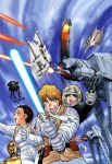  1girl 90s adam_warren aiming at-at battle belt black_eyes blonde_hair blue_eyes brown_hair c-3po cable collaboration cover damaged droid energy_beam energy_cannon energy_gun energy_sword fighting_stance fire floating flying gloves goggles han_solo hat hoth jacket jedi jedi_knight joewight lightsaber luke_skywalker mecha multiple_boys official_art princess_leia_organa_solo probe_droid promotional_art ray_gun rebel_pilot robot scarf science_fiction shiny shouting skirt snow snowspeeder space_craft star_wars star_wars_manga starfighter sword vest walker weapon 