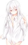 1girl bangs commentary_request dress_shirt hair_between_eyes highres holding_marker long_hair long_sleeves looking_at_viewer marker naked_shirt original red_eyes scar shirt simple_background solo stitches unbuttoned unbuttoned_shirt white_background white_hair white_shirt 