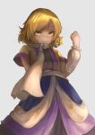  1girl arm_at_side arm_up arm_warmers blonde_hair cowboy_shot curled_fingers dress fjsmu from_below green_eyes grey_background highres kubrick_stare layered_dress looking_at_viewer mizuhashi_parsee sash scarf short_hair short_sleeves simple_background smile solo standing touhou white_scarf 