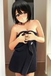  1girl bangs black_hair blush breasts brown_eyes cleavage collarbone commentary_request eyebrows_visible_through_hair fingernails hair_between_eyes head_tilt highres indoors matsunaga_kouyou naked_towel nose_blush original parted_lips short_hair small_breasts solo standing towel wet 
