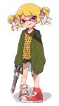  1girl animal_print bad_id bad_twitter_id bangs black_shorts blonde_hair blunt_bangs cross-laced_footwear domino_mask drawstring freckles full_body green_jacket gym_shorts hair_ornament hairclip head_tilt holding holding_weapon hood hoodie inkling jacket leopard_print looking_at_viewer maco_spl mask n-zap_(splatoon) open_clothes open_jacket orange_shirt parted_lips pointy_ears print_shirt red_eyes red_footwear shadow shirt shoes short_hair short_shorts short_twintails shorts simple_background smirk sneakers solo splatoon splatoon_(series) splatoon_2 standing tentacle_hair twintails weapon white_background 