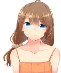  1girl aoi_(annbi) bangs bare_shoulders blue_eyes brown_hair camisole collarbone face hair_ornament hair_scrunchie highres long_hair looking_at_viewer low_twintails original scrunchie simple_background smile solo twintails white_background 