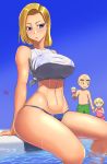  1boy 2girls android_18 arm_strap artist_name bald bikini bikini_under_clothes blonde_hair blue_eyes breasts dragon_ball dragonball_z earrings family father_and_daughter food frown hand_holding ice_cream jewelry kuririn looking_at_another male_swimwear maron_(dragon_ball_z) mother_and_daughter multiple_girls partially_submerged pool shirt short_hair sitting smile swim_trunks swimsuit swimwear tenji thong_bikini tied_shirt toned wet 