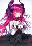  1girl bangs blue_eyes blush breasts collarbone curled_horns detached_sleeves dragon_girl dragon_horns dragon_tail dress elizabeth_bathory_(fate) elizabeth_bathory_(fate)_(all) eyebrows_visible_through_hair fate/extra fate/extra_ccc fate/grand_order fate_(series) finger_gloves gloves gradient gradient_background hair_between_eyes hair_ribbon highres horns long_hair looking_at_viewer open_mouth pink_gloves pink_hair pointy_ears ribbon sidelocks simple_background small_breasts solo superpig tail two_side_up 