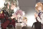  4girls absurdres animal_ears apron bababababan barista cafe cat_ears closed_eyes coffee coffee_cup commentary_request cup disposable_cup eyebrows_visible_through_hair eyes_visible_through_hair eyewear_on_head girls_frontline helianthus_(girls_frontline) highres kalina_(girls_frontline) multiple_girls persica_(girls_frontline) smile springfield_(senjuushi) steam sunglasses 